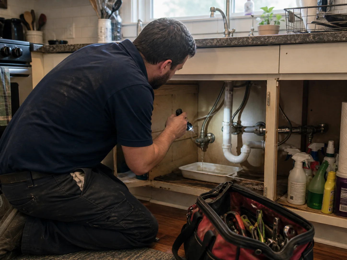 Plumber inspecting a leaking pipe beneath a residential kitchen sink
